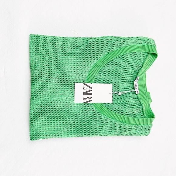 Zara Eyelet Fishnet Tank Top Lime Green SZ M - Picture 6 of 7